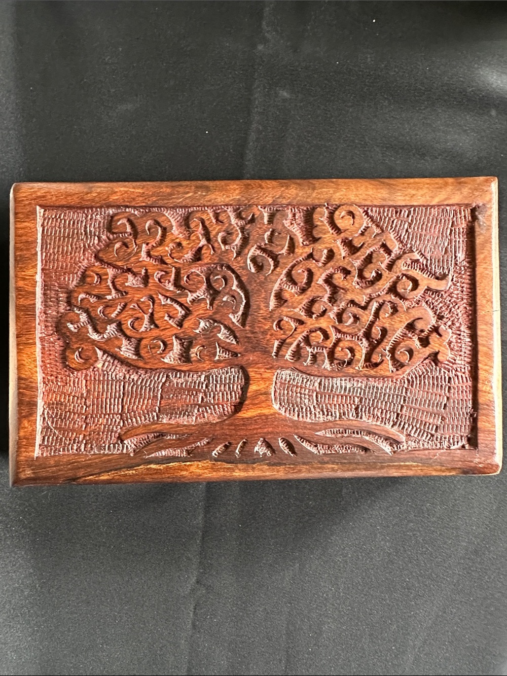 Wooden EUC carved tree of life box with hinged lid.